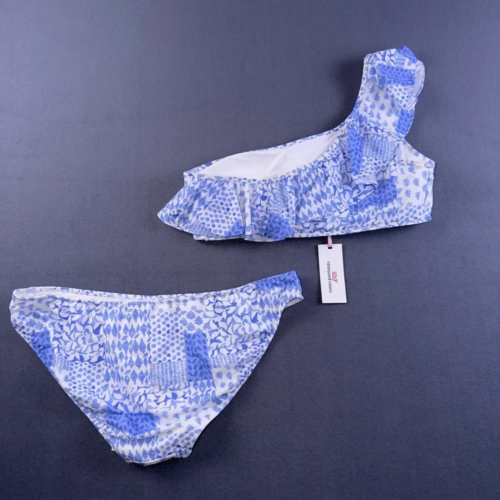 Vineyard Vines Painted‎ Patch Ruffle One Shoulder Bikini Set Blue White L/XL